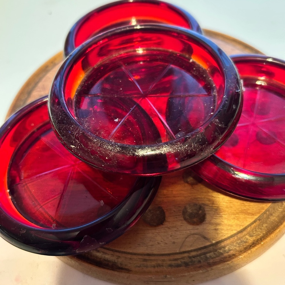 Set of vintage red ruby glass round coasters- preloved in excellent condition